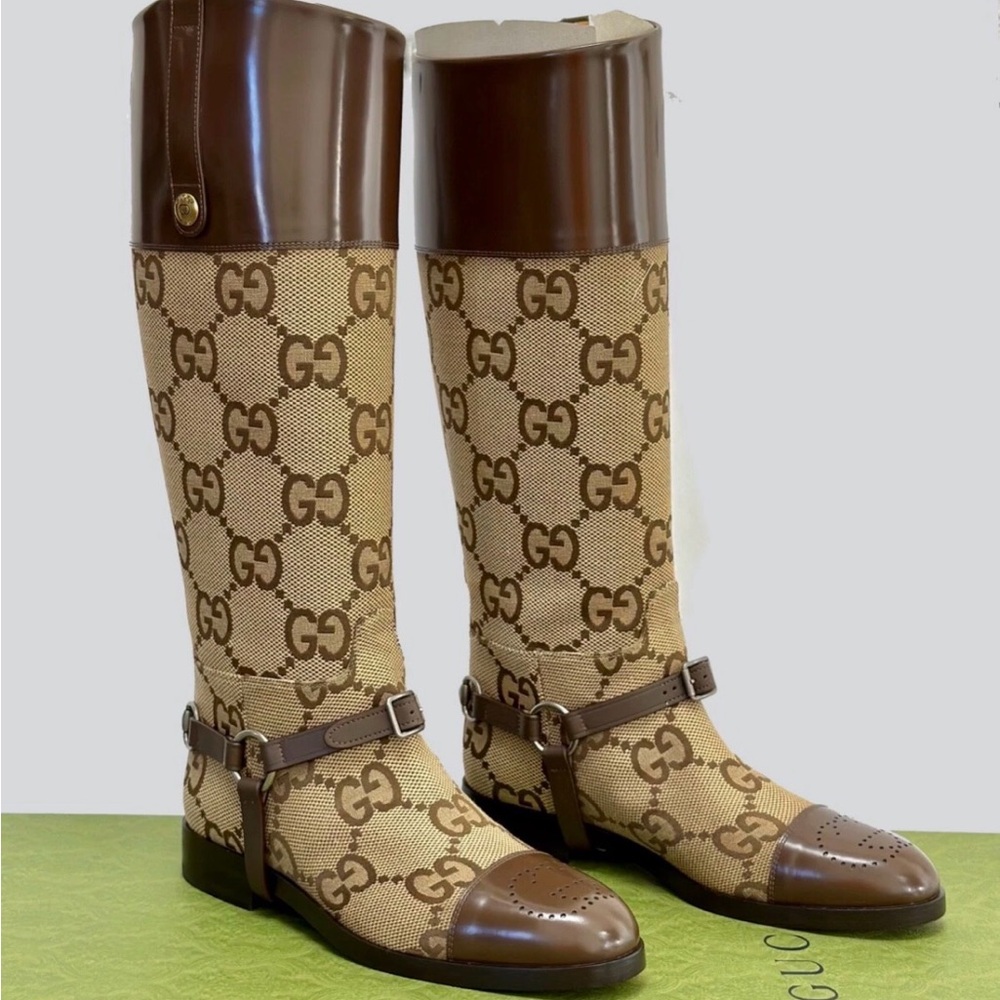 Gucci Aria Zelda GG Maxi Canvas Riding Leather Harness Boots New
